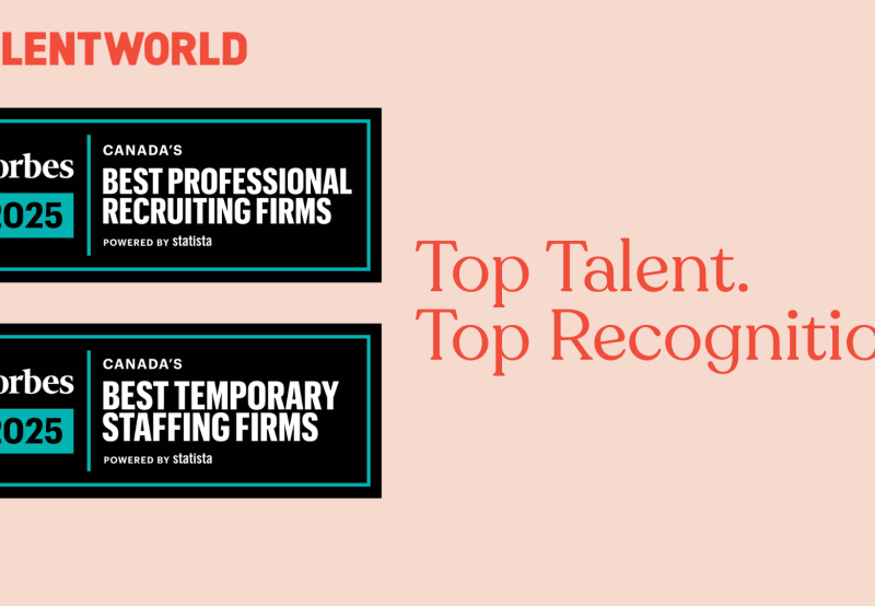 TalentWorld logo with 2 Forbes 2025 logo awards for Best Professional Recruiting Firm and Best Temporary Staffing Firms with the text: Top Talent. Top Recognition.